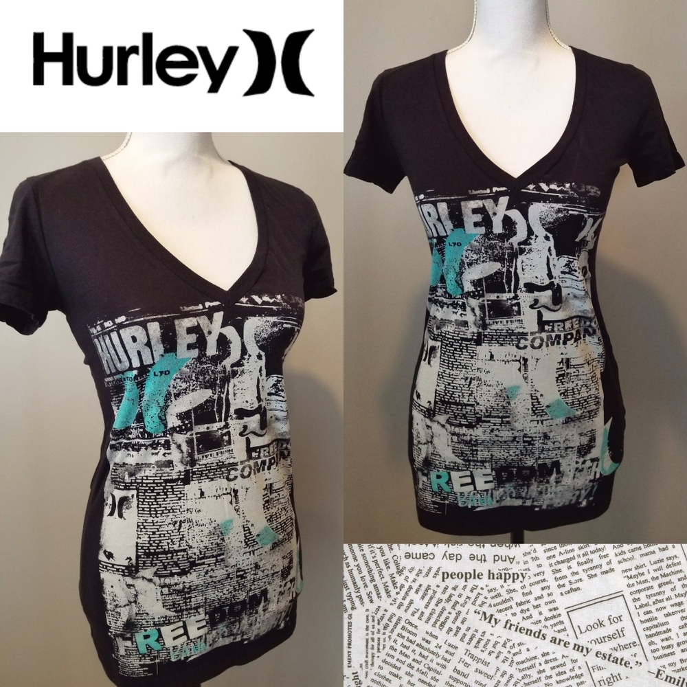 🍍Hurley V-Neck Newsprint Logo Tee